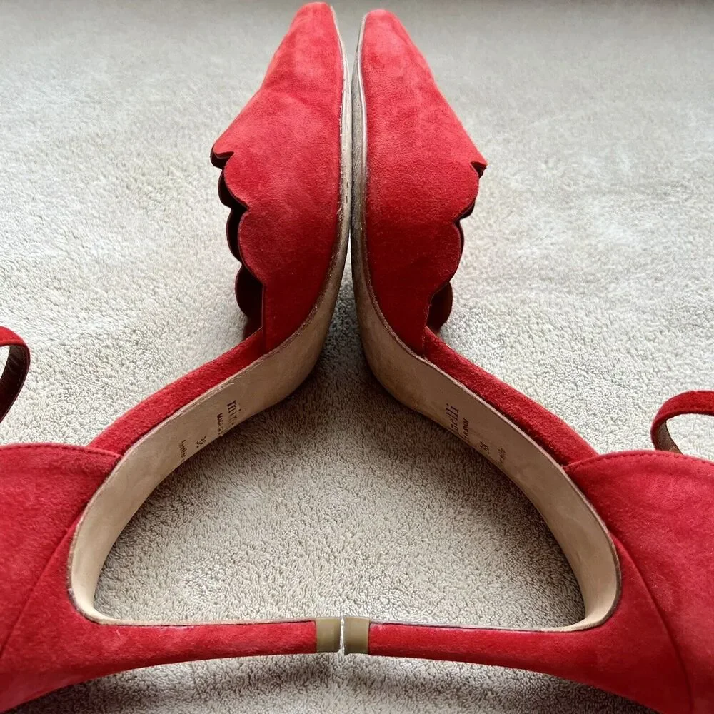 Minelli Spain Red Suede Scalloped Edge Pump Heel Ankle Strap Women EU 38 US‎ 7.5